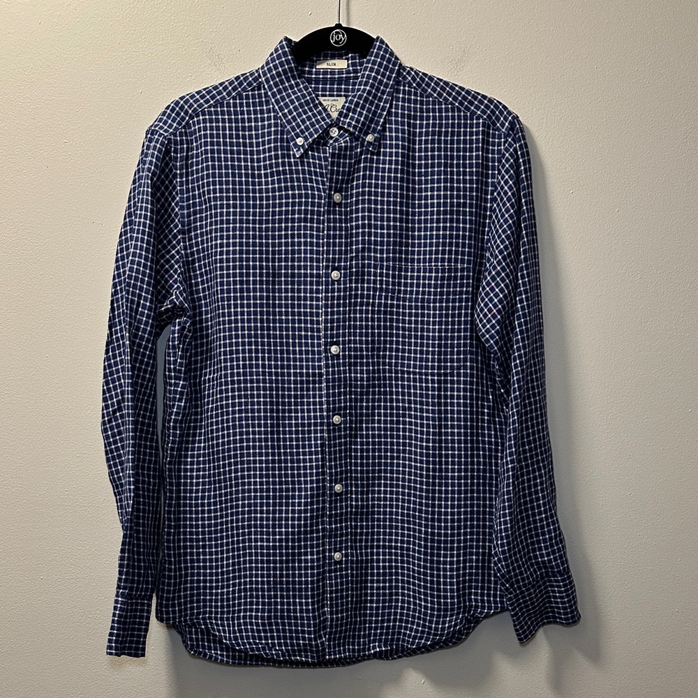 J. Crew Men’s Blue Checkered Slim Long Sleeve Irish Linen Button Down Shirt Sz S